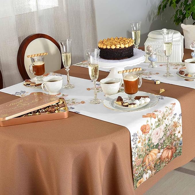 Fall Windflowers Pumpkin Short Table Runners 48 Inches, Cotton Linen Fabric - Image 5