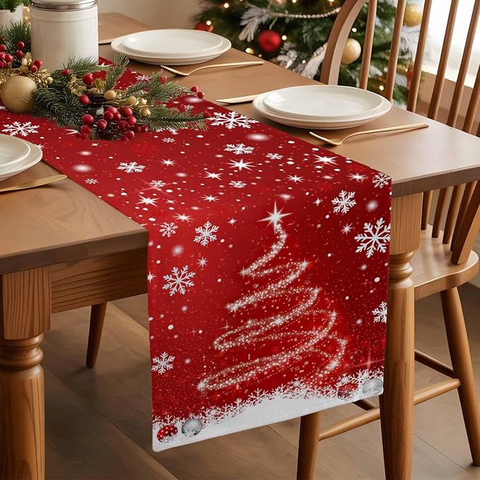 Red Christmas Table Runner 48 Inches Long, Xmas Tree Balls Snowflake Table - Image 3