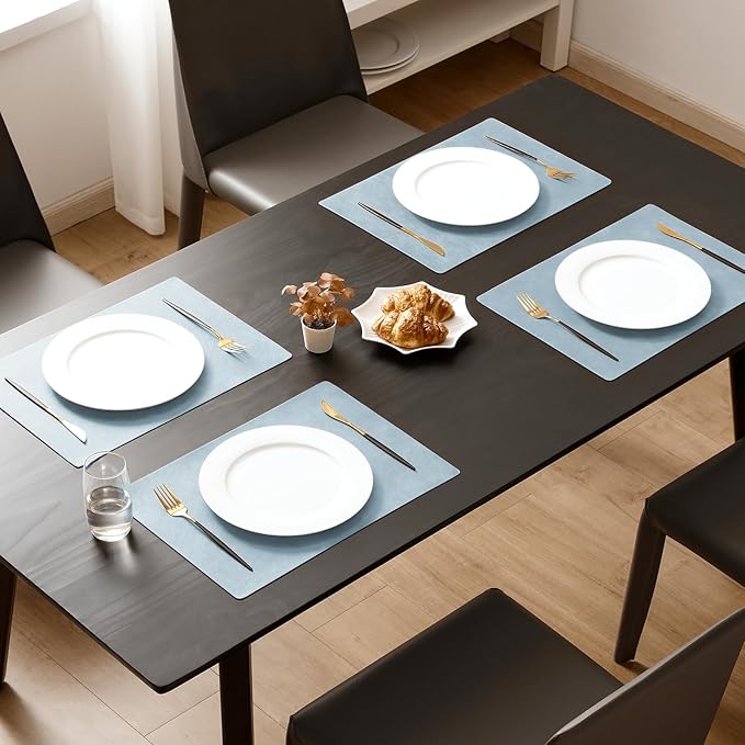 MOSAYT Vinyl Placemats Set of 12-12 X 17 Inch - Faux Leather 100% Waterproof Oil-Proof Wipeable PU Place Mats, Heat Resistant Reversible Table Mats for Kitchen, Dining, Outdoor (Light Grayish Blue)