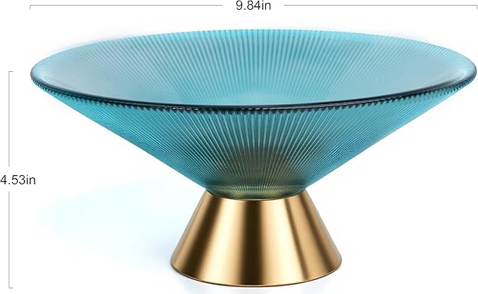 Tapered Glass Decorative Bowl (Blue), 9.8 Inches Handblown Striped Design Fruit Bowl with Rust-Resistant Metal Base for Home Decor, Table Centerpiece, Kitchen Island and Dining Decor