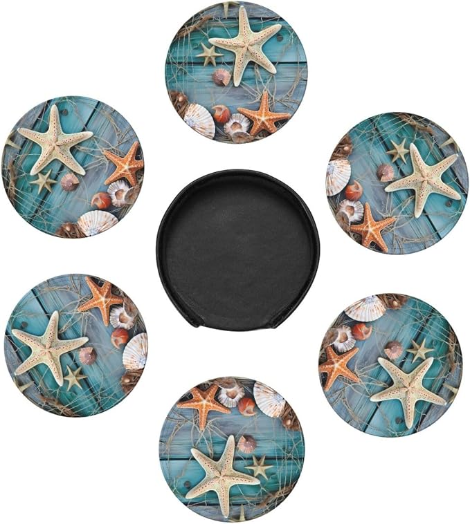 Fishnet Leather Coasters Starfish Seashells Set of 6 - Image 6