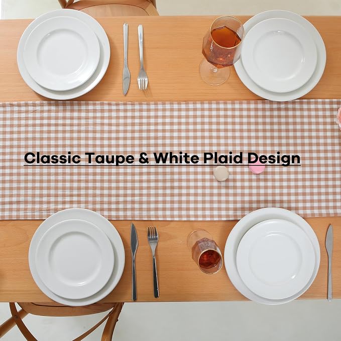 Taupe White Plaid Gingham Ruffle Table Runner 72 inches Long 100% Washed Cotton - Image 4