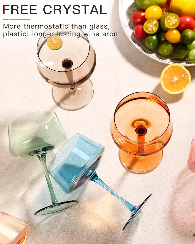 Hand Blown Colored Coupe Glasses Set of 6-13oz large Crystal Martini, Cocktail & Champagne Glasses -Cute & Colorful Cocktail Glassware-Perfect for Bar, Cocktails, Martinis-Wedding Gifts