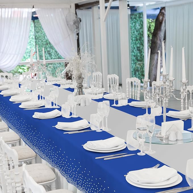 24 Pack Blue and Silver Tablecloth and Table Runner Party Decorations - Image 7