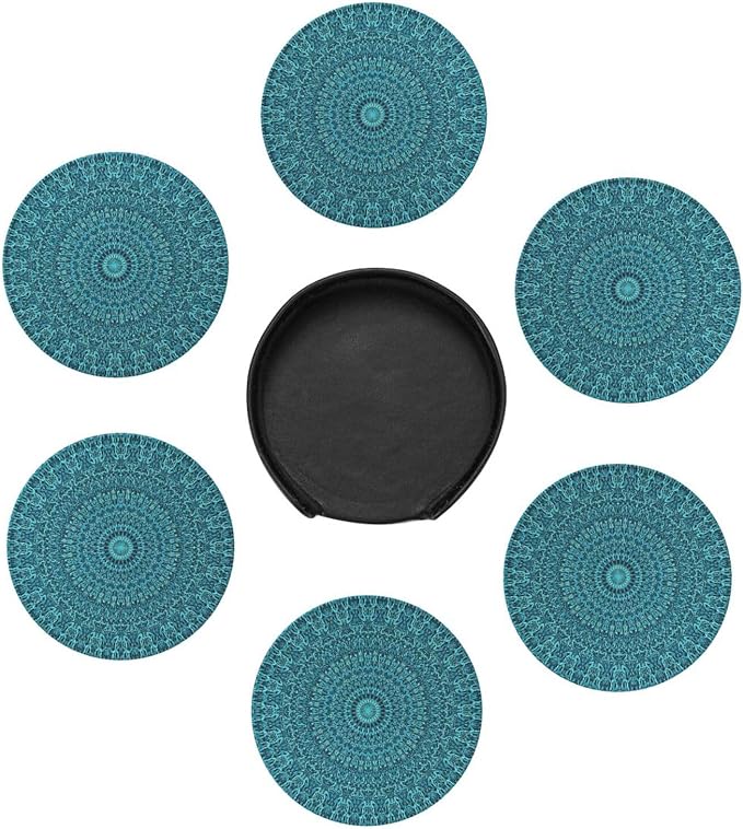 6 Pcs Mandala Turquoise Teal Blue Green Leather Coasters - Image 7