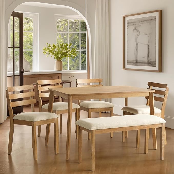 6 Piece Dining Table Set with Bench, Wooden Rectangular Kitchen Table and 4 Upholstered Chairs, Farmhouse Dining Room Furniture for Family Meals, Light Oak Finish