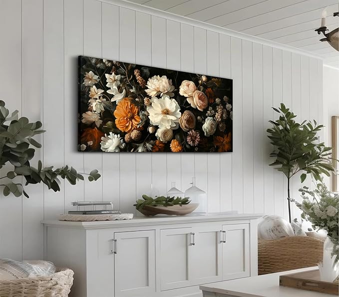 ADJUVANT Wall Art Vintage Floral Bouquet 40" L x 20" W, Flowers Peonies And Roses Canvas Painting Botanic Artwork Blossoms Prints Floral Wall Decor for Living Room Bedroom Dining Room Home Office