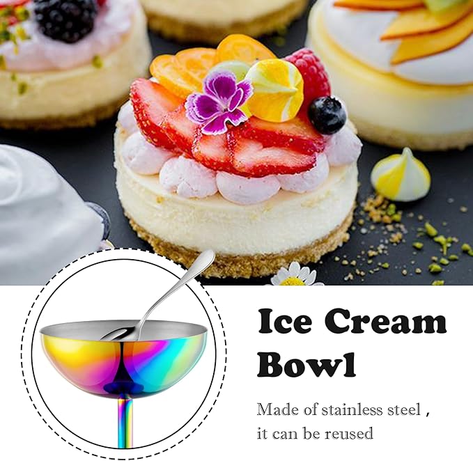 Ice Cream Bowls Stainless Steel Dessert Cups with Spoons Reusable Footed Sundae Cups Ice Cream Cups for Dessert, Frozen Yogurt, Gelato, Birthday Party Decorations (2, Colorful)