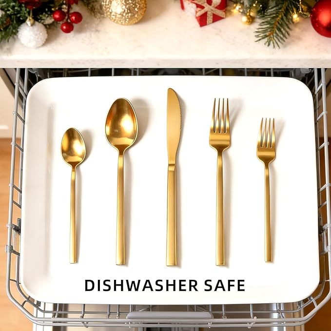 20pcs Matte Gold Cuboid Silverware, Stainless Steel Flatware Set, Service for 4, Forged Cutlery Set, Dishwasher Safe
