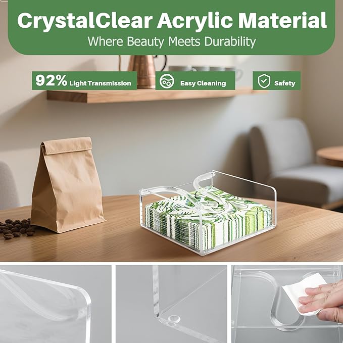 Napkin Holder for Table, Acrylic Clear Napkin Holder 7"×7" with Weighted Arm & Non-Slip Base for Kitchen, Restaurant, Party & Outdoor Dining – Easy-Access Square Paper Napkin Dispensers