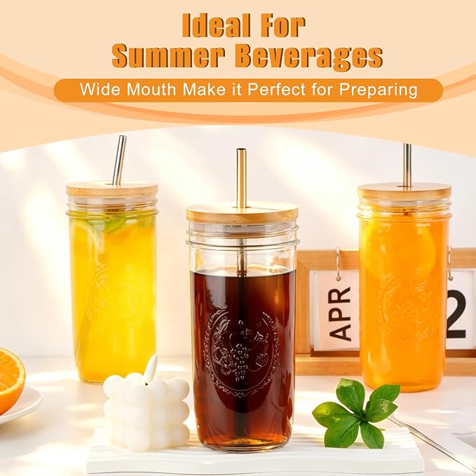 Magicsky 24 oz Glass Cups Iced Coffee Mason Jar Tumbler - Image 6