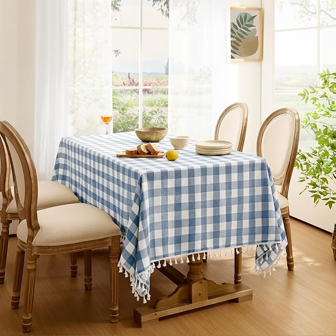 Softalker Checkered Tablecloth Rectangle, Outdoor Linen Cotton Gingham Table Cloth with Tassel, Heavy Duty Wrinkle Free Buffalo Plaid Table Cover for Kitchen Dining Home Party - 55 x 120 Inch, Blue
