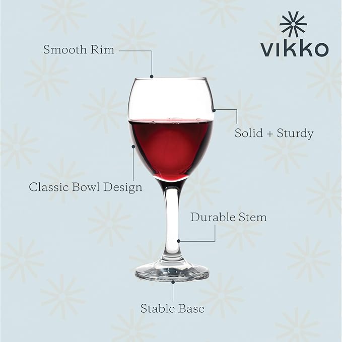 Vikko 8.5 Ounce Small Wine Glasses Set of 6, Fancy Red and White Wine Glass, Durable Stem, Copas De Vino Dishwasher Safe