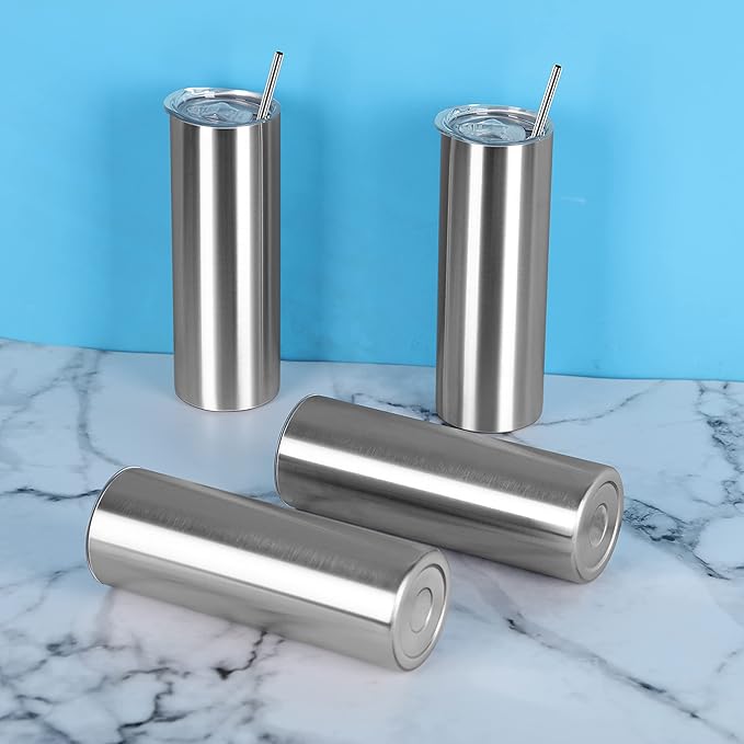 30 Oz Straight Skinny Tumbler Set, Stainless Steel Slim Skinny Travel Tumbler Bulk, Birthday Diy Gift For Women Friends Sisters, 4 Pack, Silver