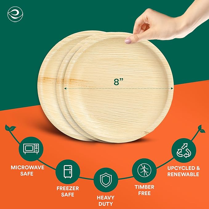 ECO SOUL Palm Leaf Plates 8"(100 Count) Round Compostable Bamboo Plates Heavy- Duty, Biodegradable Eco-Friendly Dinnerware for Christmas Party Dinner, Wedding, Holiday & Event