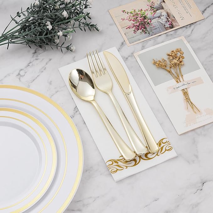 BESTVIP 350 PCS Gold Dinnerware Set for 50 Guests, Plastic Dinnerware Set for Party, Wedding, Christmas, Include: 100 Plastic Plates, 50 Gold Silverware, 50 Cups, 50 Paper Napkins