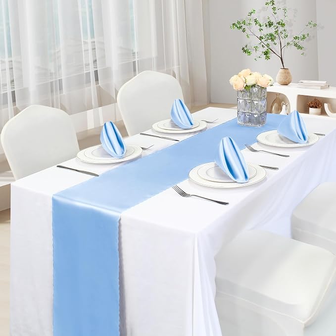 VACVELT Light Blue Satin Table Runners, 12x72 Inch, 2 Pack, Scalloped Edge | - Image 2