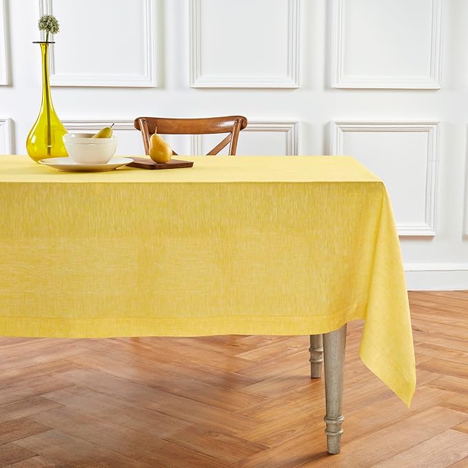 Solino Home Linen Tablecloth 60 x 120 Inch - 100% Pure Linen Chambray Lemon Yellow Table Cloth for Rectangular Tables - Athena, Machine Washable Cloth Tablecloth for Spring, Easter