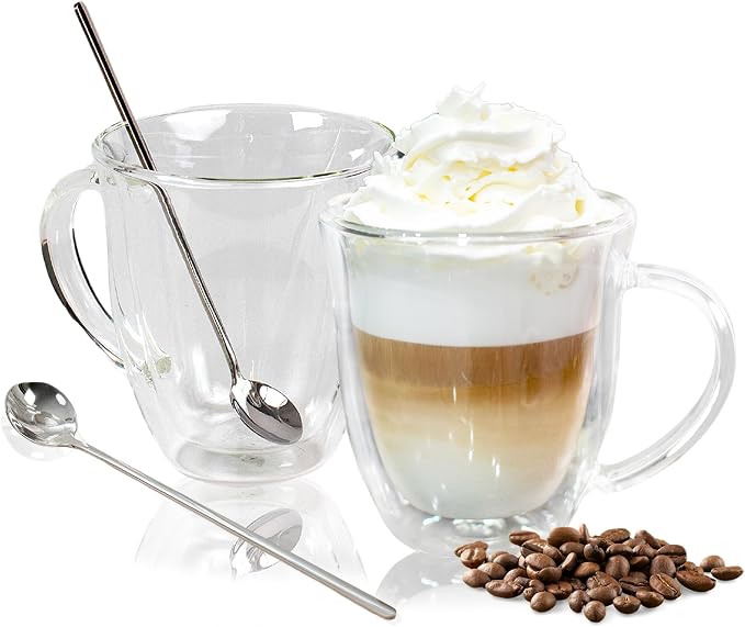 AYL Double Wall Clear Glass Coffee Mugs - 16 oz Insulated Clear Latte Mugs by AYL