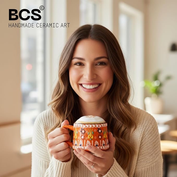 BCS 6 Oz Cappuccino Cups Set of 2, Hand-Painted Ceramic Coffee & Tea Mugs | - Image 3