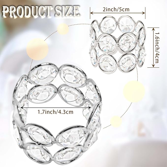 Crystal Metal Napkin Rings Set, Elegant Wedding/Party Table Decor, Shiny Holiday Dinner Accessories Bulk, Bridal Shower Gift, Anniversary, Christmas, Home Decor Essentials (Silver, 24-Pcs)