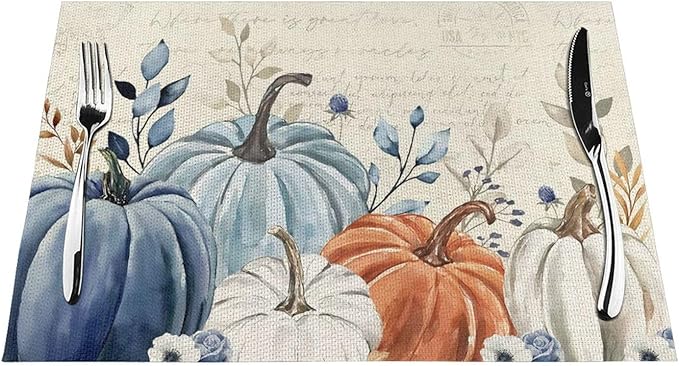 Fall Placemats 12x18 Inches Set of 4,Orange Blue Pumpkin Decorative Rectangle Autumn Thanksgiving Pumpkin Table Mats for Party, Home Kitchen,Dining Table Decoration