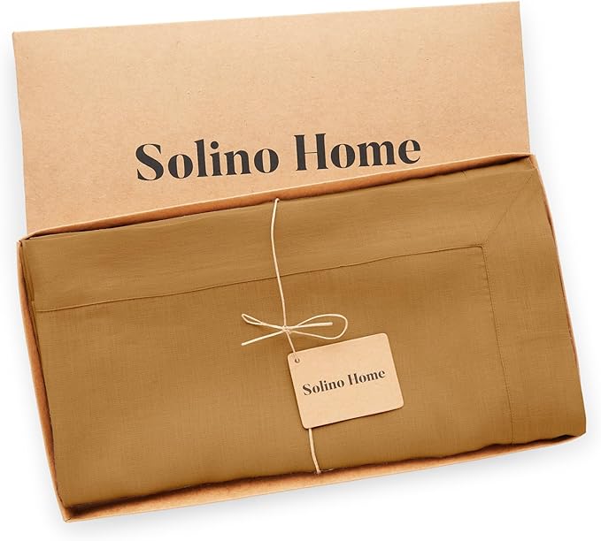 Solino Home Linen Tablecloth for Rectangle Tables 60 x 108 Inch - 100% Pure Linen Caramel Table Cloth - Fete, Machine Washable Cloth Tablecloth for Spring, Easter