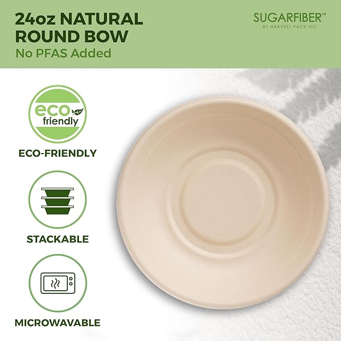 [50 COUNT]Harvest Pack PFAS FREE 24oz Compostable Bowls - Paper Round Heavy-Duty Eco-Friendly Disposable Bagasse Bowl, sugarcane made plant fibers for Meal Prep