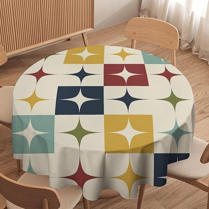 Middle Century Modern Round Tablecloth, Retro Mid Century Geometry Abstract Bohemia Tablecloth for Home Party Dining Room Kitchen Decor 70Inch(178cm)