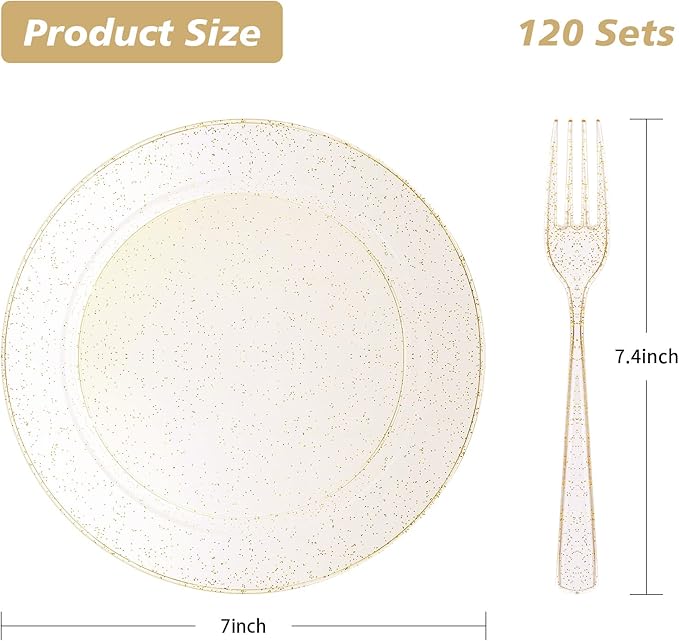 Goodluck 240PCS 7" Gold Glitter Dessert Plastic Plates with 7.4" Forks, Gold Appetizer Plates for 120 Guests, Including 120 Disposable Cake Plastic Plates and 120 Forks for Wedding/Birthday/Christmas