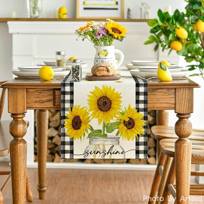 Artoid Mode Buffalo Plaid Sunflower Vase Sunshine Summer Table Runner, Spring - Image 2