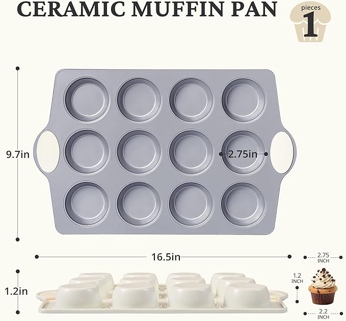 BRONYPRO 12-Cup Ceramic Nonstick Muffin Pan & Cupcake Tin, Cream White | Healthy - Image 7