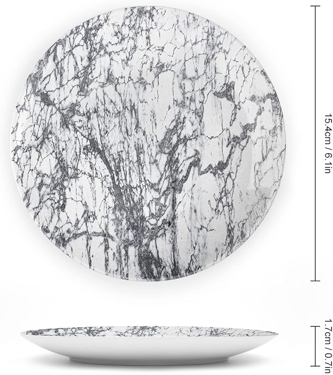 Ceramic Plates, Abstract Decorative Ceramic Plates, Murky Marble Rock Motifs Dynamic Fractal, 6 Inch, for Dining, Parties, Wedding, Grey White
