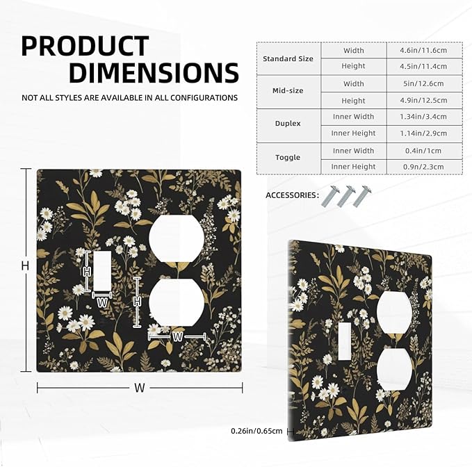 Light Switch Cover Plate Black/Gold Boho Botanical Floral Rustic Flowers 2 Gang Decorative Switch Plates 1 Toggle Duplex Combo Outlet Covers GFCI Wall Plates for Bathroom Kitchen Decor