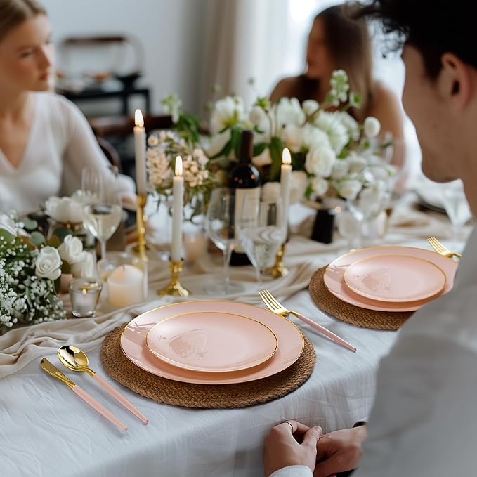 100 PCS Pink Gold Plastic Plates, 10 inch Pink Disposable Plates for Party, Plastic Dinner Plates for Party, Graduation, Wedding