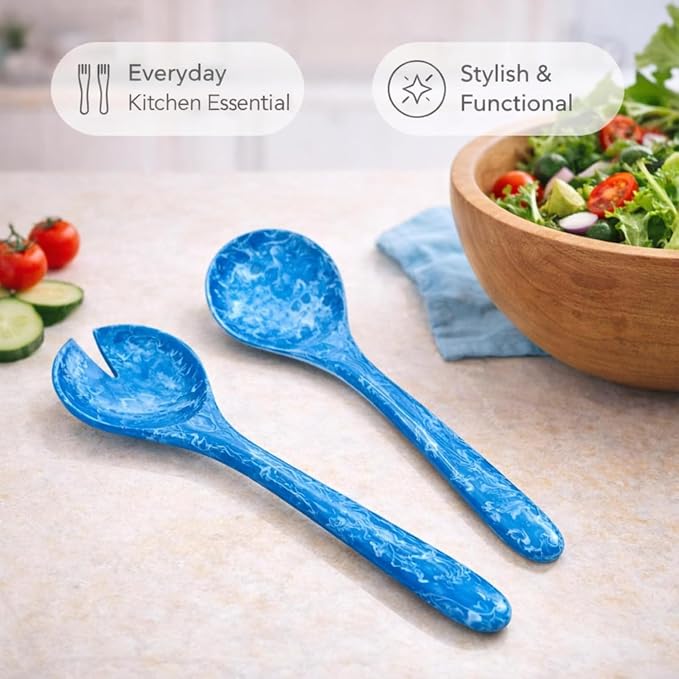 SS Craft Blue Marbled Resin Salad Server Set – Lightweight Serving Spoon & Fork - Image 7