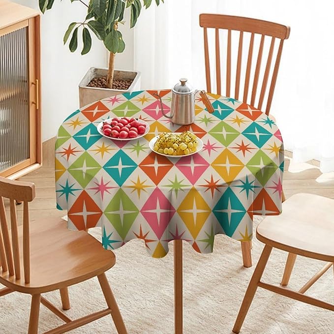 Abstract Geometric Round Tablecloth, Mid Century Retro Abstract Vintage Tablecloth for Home Party Dining Room Kitchen Decor 60Inch(152cm)