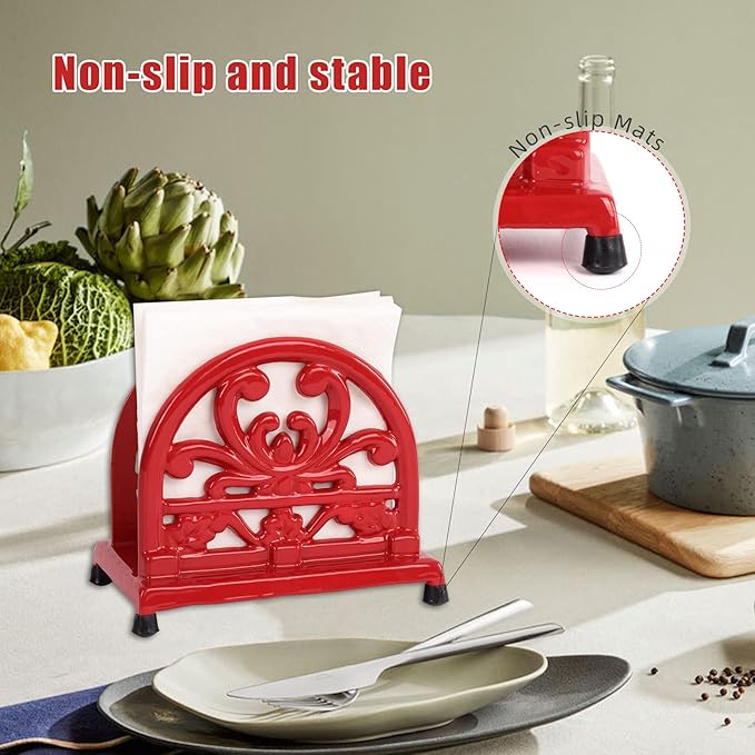 Vintage Cast Iron Napkin Holder for Table, Upright Paper Napkins Dispenser for Kitchen Restaurant Cocktail Bar with Red Flower Pattern Decor