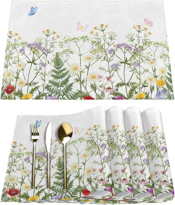 Spring Wildflowers Placemats Set of 4, Washable Elegant Placemats, Non-Slip Table Rectangle Linen Place Mats for Kitchen Dining Party Home Indoor Table Decor, Forest Style Home Decoration