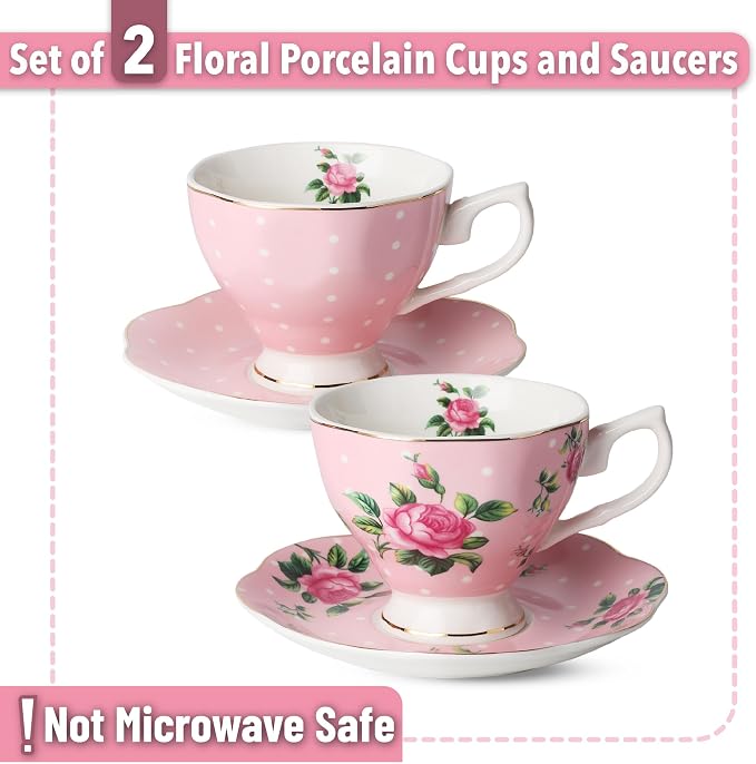 BTaT- Floral Tea Cups and Saucers, 8 oz, Fine Porcelain Teacup Set - Image 2