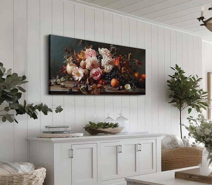 ADJUVANT Wall Art Vintage Floral And Fruit 60" L x 30" W, Peonies With Grapes And Citrus Canvas Painting Prints Graceful Botanic And Fruity Wall Decor for Living Room Bedroom Dining Room Home Office