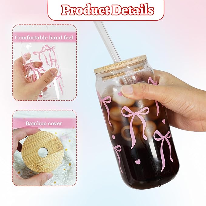 Mason Life Coquette Pink Glass Cups 18OZ Cute Bow Tumbler Glass Cup with Keychain and Straw Cover Valentines Day Galentines Gift for Iced Coffee Smoothie Cocktail Matcha Teen Girls Preppy Stuff
