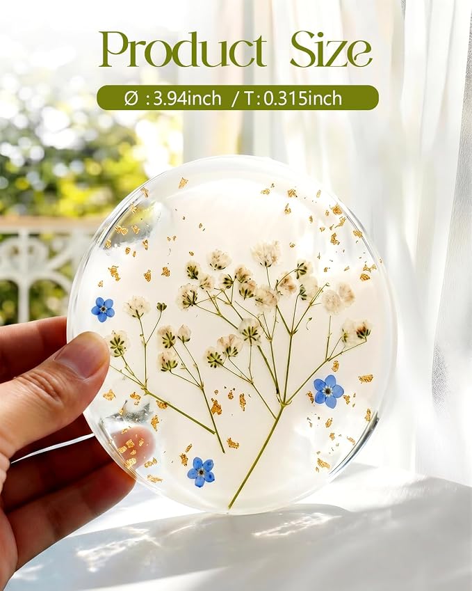 Oqplog Resin Drink Coasters for Desk Coffee Table- Elegant White Floral Dried - Image 2