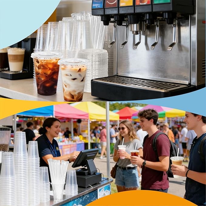 12 oz 100 Pack Disposable Clear Plastic Cups with Lids and Straws, Food Safe Bulk Iced Coffee Cups for Smoothies, Milkshakes and Other Cold Drinks