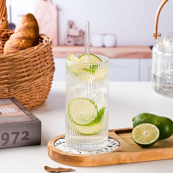 WHJY Ribbed Glassware Tall Highball Glasses Unique Everyday Drinking Glasses Set of 4 for Cocktail, Whiskey, Beer, Juice -13 oz 5.7"