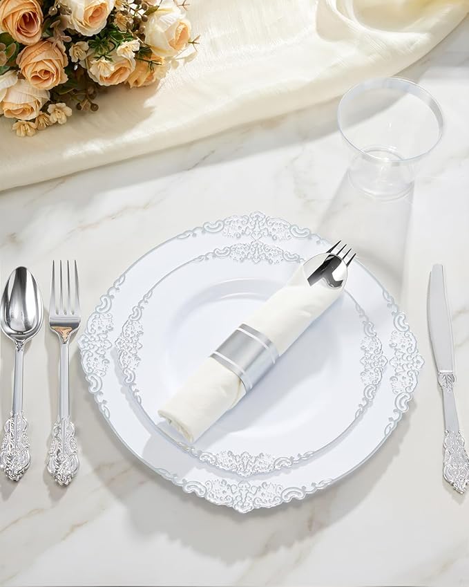 Goodluck 350 Piece Silver Plastic Dinnerware Set for 50 Guests, Fancy Disposable Plates, Include: 100 Silver Rim Plastic Plates, 150 Silverwares, 50 Pre Rolled Napkins, 50 Cups for Party, Wedding