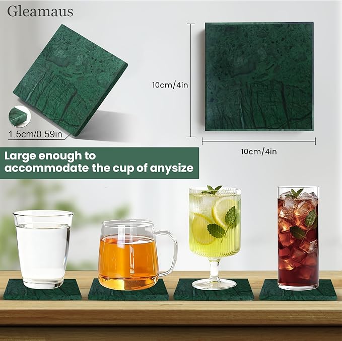 Natural Marble Coasters, Square Costers, Luxury Aesthetic Modern Decor for Coffee Table Bar Kitchen Home, Green Marble, Real Natural Semi Absorbent Stone Coasters