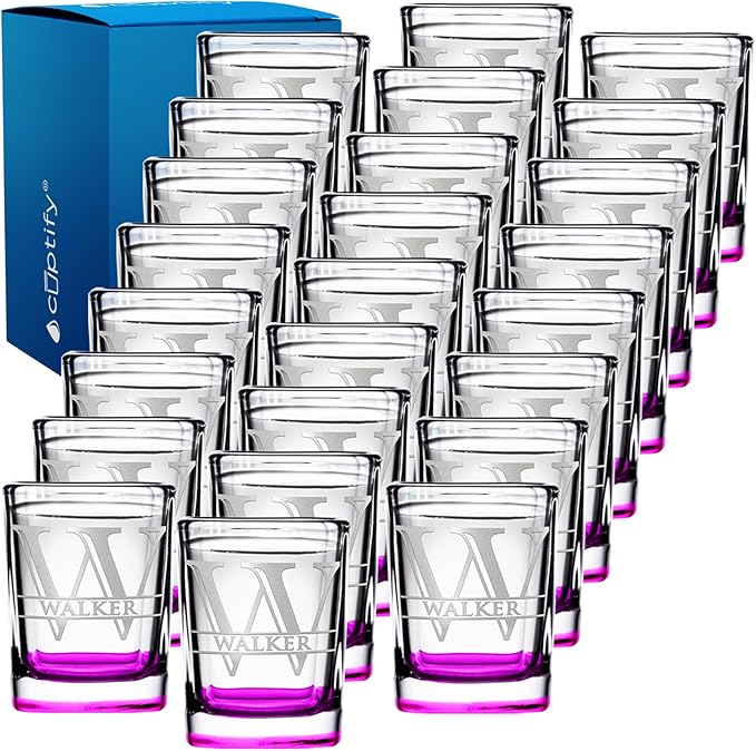 Personalized Square Shot Glasses Set of 25 Pink Bottom 2oz Engraved Initial and Name Custom Gifts, Weddings, Birthdays, Bachelorette Party and Decorations for Women