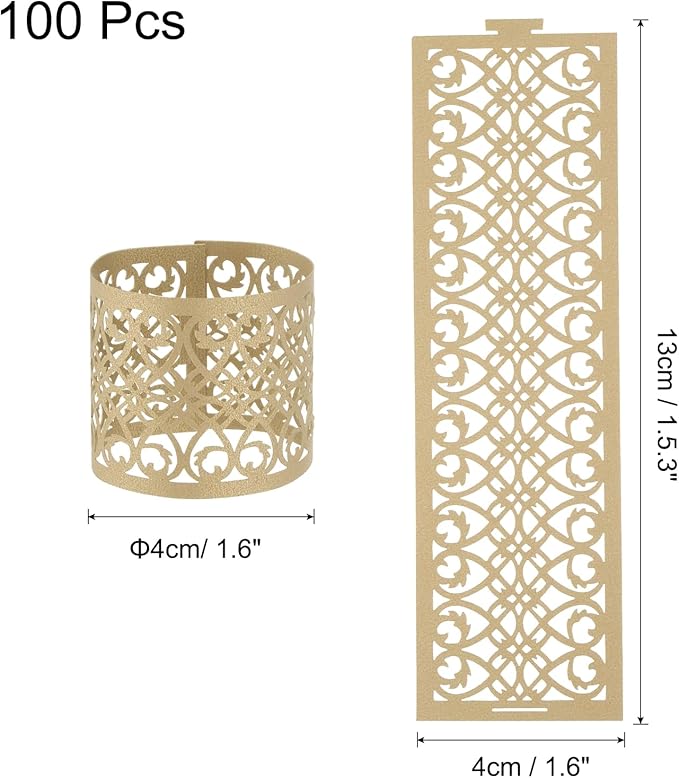 uxcell 100Pcs Napkin Rings Laser Cut Foil Paper, Napkin Holder Hollow Napkin Bands for Weddings Party Serviette Table Decoration Restaurant (Brown, 5.3 x 1.6)