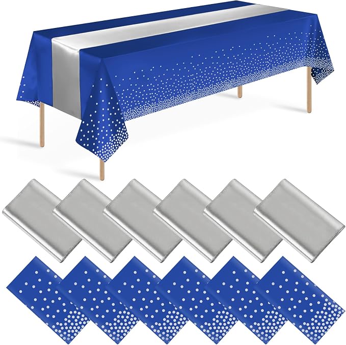 12 Pack Blue and Silver Tablecloth and Table Runner Party Decorations by Zachely